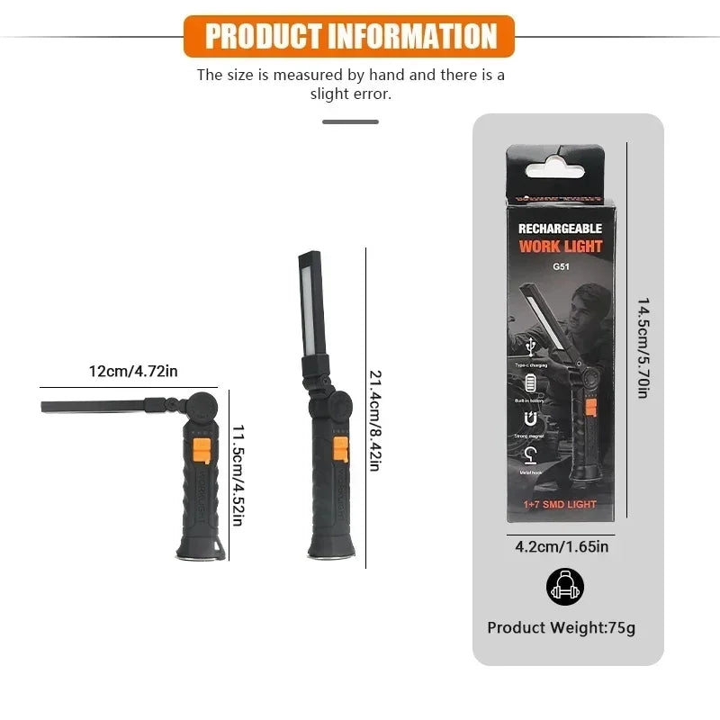 Portable COB LED Flashlight USB Rechargeable Work Light Magnetic Lanterna Hanging Lamp with Built-in Battery Camping Torch Beauty World Shop