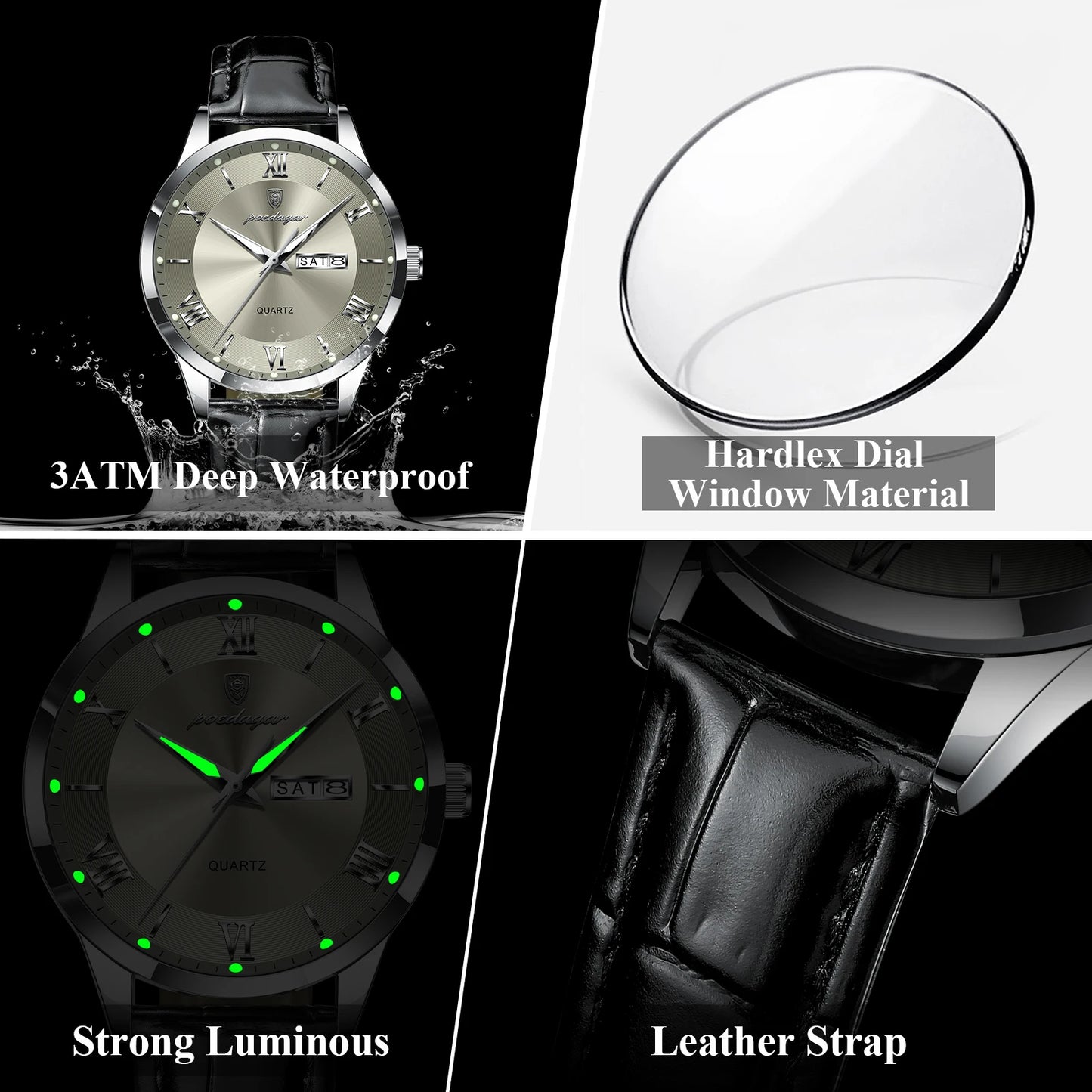 POEDAGAR Business Brand Men Clock Waterproof Luminous Date Week Fashion Man Wristwatch Leather Luxury Men's Quartz Watches Reloj Beauty World Shop