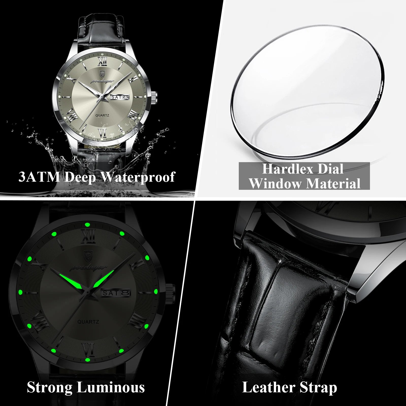 POEDAGAR Business Brand Men Clock Waterproof Luminous Date Week Fashion Man Wristwatch Leather Luxury Men's Quartz Watches Reloj Beauty World Shop