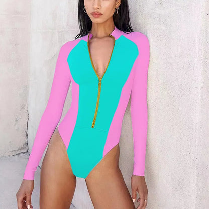 New Patchwork One-Piece Swimsuit Long Sleeve Swimwear Sports Backless Women's Swimming Bathing Suit Beach Wear Bather Surfing Beauty World Shop