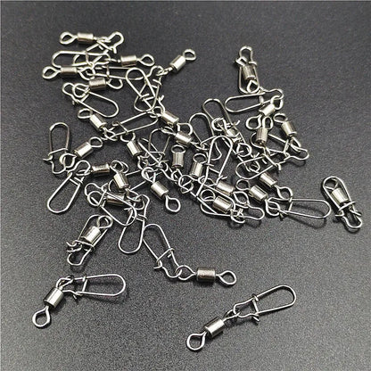50pcs/lot Fishing Connector  2# 4# 6# 8# 10# Pin Bearing Rolling Swivel Stainless Steel With Snap Fishhook Lure Tackle Beauty World Shop