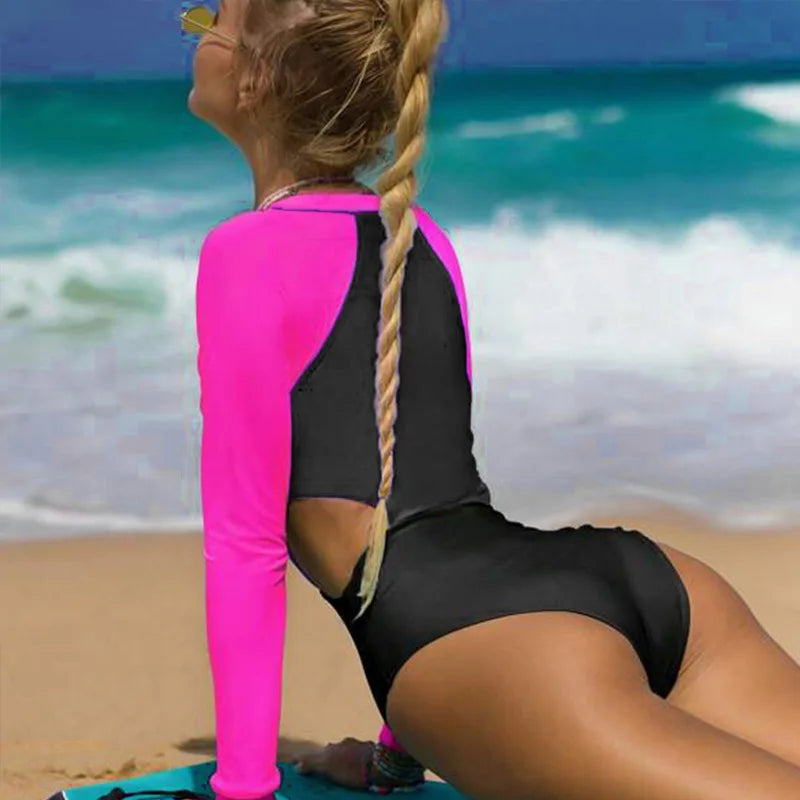 New Patchwork One-Piece Swimsuit Long Sleeve Swimwear Sports Backless Women's Swimming Bathing Suit Beach Wear Bather Surfing Beauty World Shop