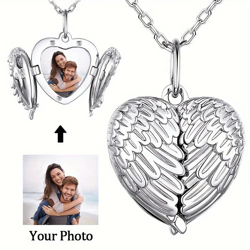 Custom Picture/photo Small Box Pendant Necklace, Personalized Angel Wing Small Box Pendant Men's Women's Necklace Christmas Gift Beauty World Shop