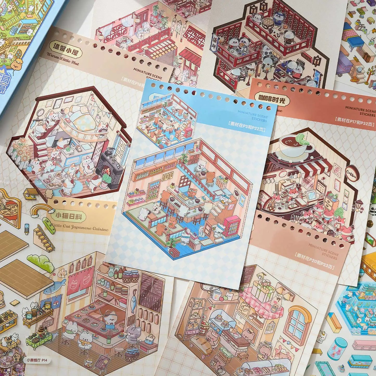 Mr Paper 49pcs/bag Business Town Series Mini 3D Miniature Scenography Sticker Book Visual Stacking Scene Stickers DIY Gift Decor Beauty World Shop