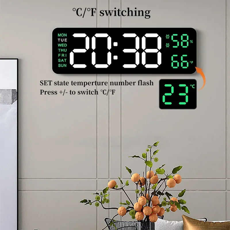 9 Inch Large Digital Wall Clock USB Powered TEMP Humidity Week Auto Dimmer DST Table Clock 12/24H Electronic LED Alarm Clock Beauty World Shop