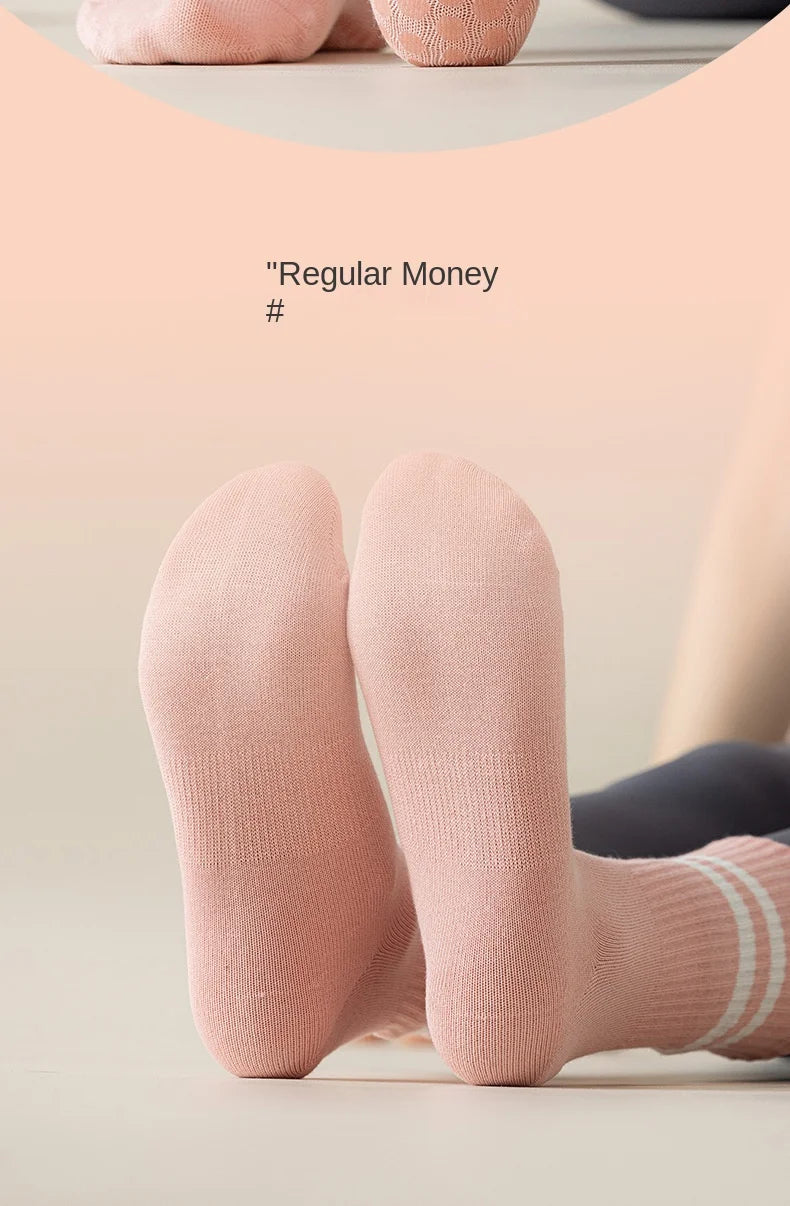 1 pair of women's yoga socks, skipping rope sports socks, Pilates indoor anti slip floor socks, double bar mid leg socks Beauty World Shop