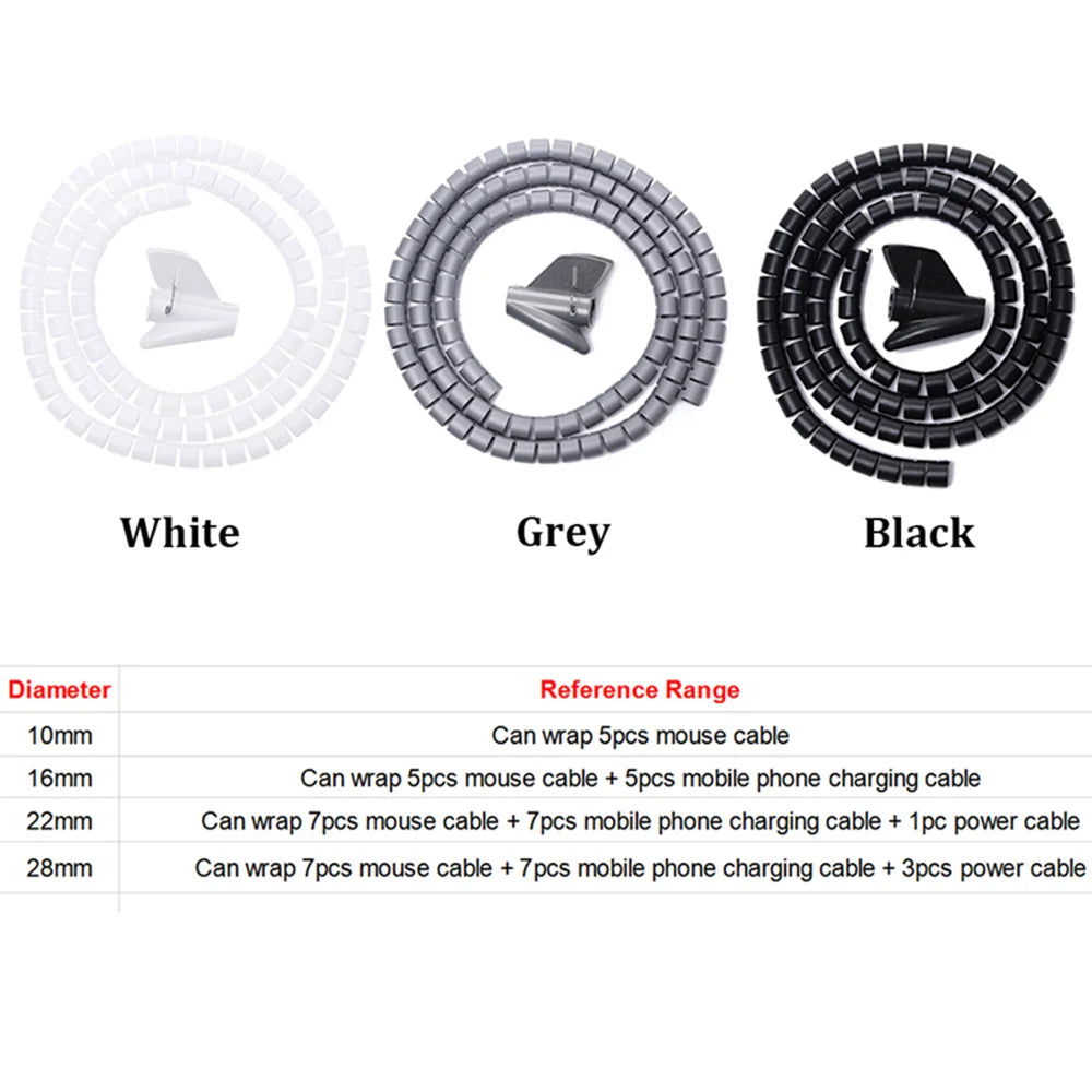 2M 16/10mm Flexible Spiral Cable Wire Protector Cable Organizer Computer Cord Protective Tube Clip Organizer Management Tools Beauty Fashion