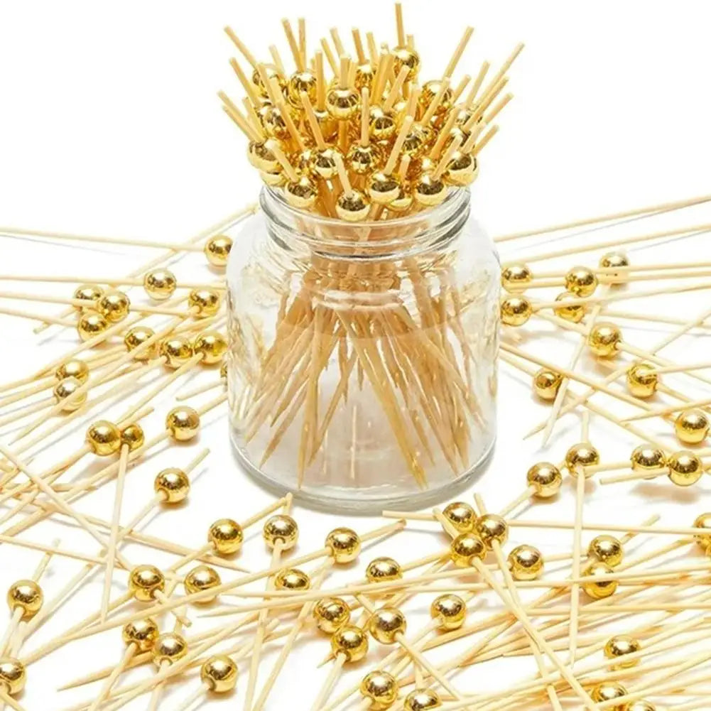 200/100/25Pcs Gold Pearl Cocktail Picks Food Fruit Picks Wedding Party Disposable Cake Dessert Cocktail Sticks Toothpick Skewer Beauty Trend Shop