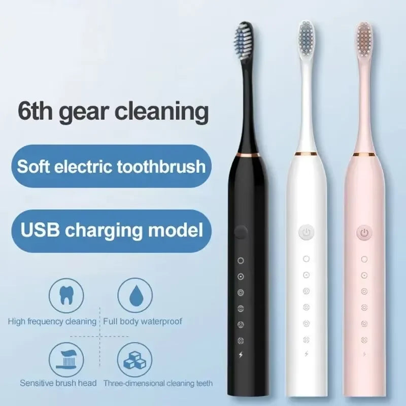 Electric Ultrasonic Toothbrush Six Speed Mode Home Soft Hair USB Charging Waterproof Adult Tooth Cleaner Automatic Couple Set Beauty World Shop