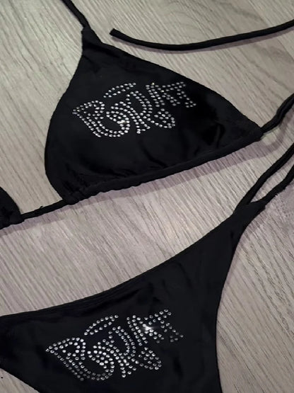 2000s Woman Punk New Beach Swimwear gothic clothes BRAT Rhinestone printing Grunge Swimsuit Bikini Y2K Bathing Suits Lace Up ﻿ Beauty World Shop
