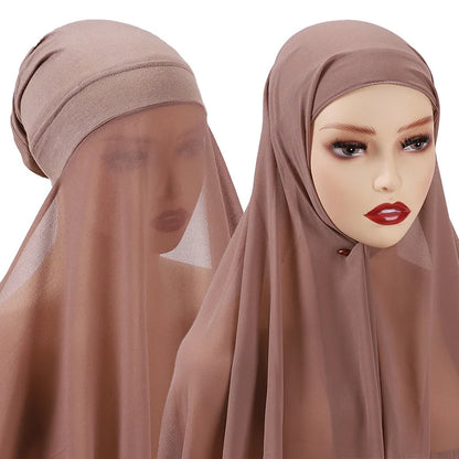 Muslim Women Bonnet + Chiffon Shawl Instant Under scarf Cap Islam Inner Scarf Headband Stretch Hijab Cover Headwrap Turbante Beauty World Shop