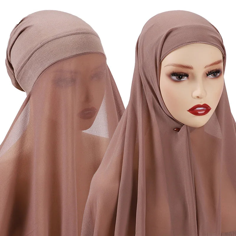Muslim Women Bonnet + Chiffon Shawl Instant Under scarf Cap Islam Inner Scarf Headband Stretch Hijab Cover Headwrap Turbante Beauty World Shop
