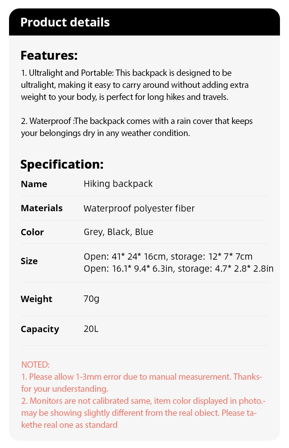 Outdoor Hiking Bag 20L Lightweight Portable Backpack Foldable Waterproof Folding Ultralight Pack for Women Men Travelling Hiking Beauty World Shop