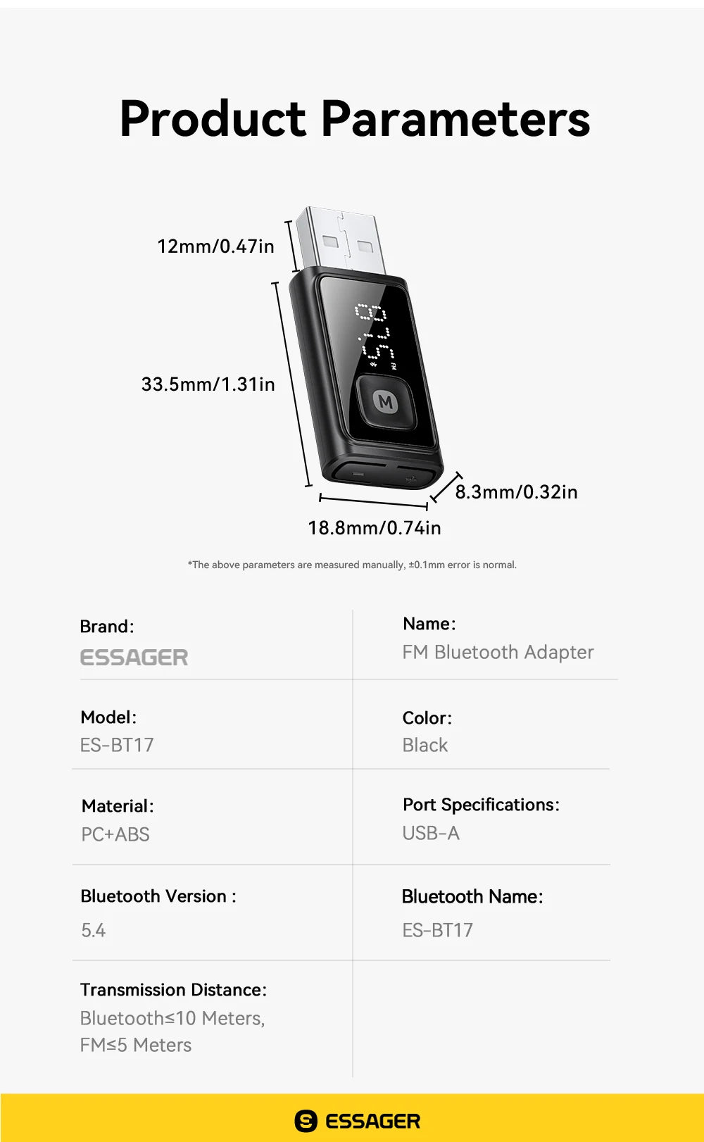 ESSAGER Bluetooth 5.4 Car Adapter Wireless FM Transmitter Audio Receiver&Handsfree Call Auto Stereo Mic Car Adapter Accessories Beauty World Shop