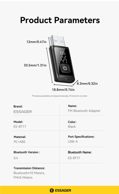 ESSAGER Bluetooth 5.4 Car Adapter Wireless FM Transmitter Audio Receiver&Handsfree Call Auto Stereo Mic Car Adapter Accessories Beauty World Shop