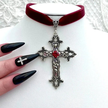 A Classic Gothic Large Cross Shaped Black Velvet Necklace Prepared for Her, Gorgeous Cross Shaped Black Velvet Necklace Beauty Trend Shop