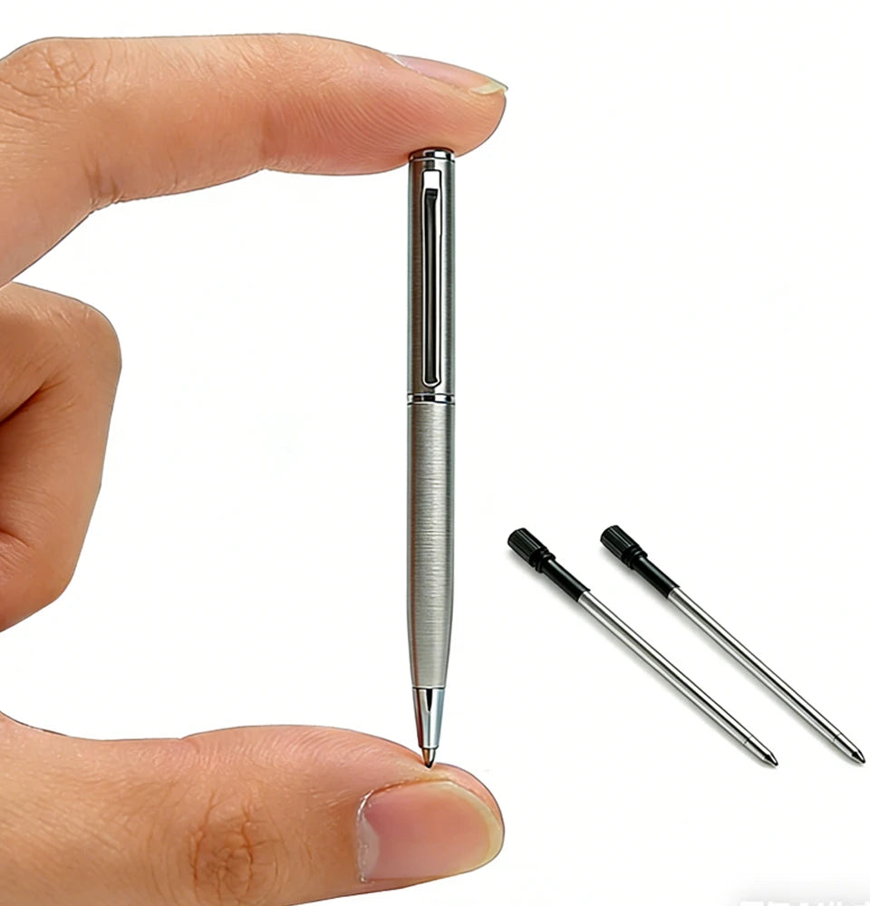 Mini Stainless Steel Metal Ballpoint Pen with 10 Replacement Refills Set, Portable Pocket Ballpen Compact Short Pen for Wallet Beauty World Shop