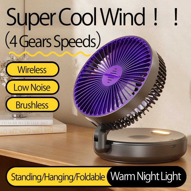 2024 New Rechargeable 3IN1 Multifunctional Portable Fan Wall Mounted Fan 90° Folding Fan 4 Gears With Warm Night Light Beauty World Shop