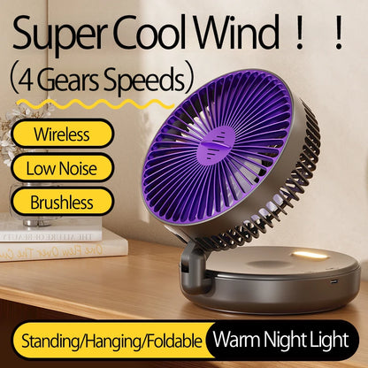 2024 New Rechargeable 3IN1 Multifunctional Portable Fan Wall Mounted Fan 90° Folding Fan 4 Gears With Warm Night Light Beauty World Shop