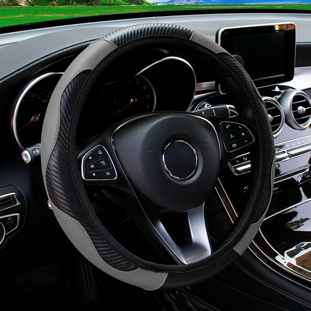 PU Carbon Fiber Leather Car Steering Wheel Cover without Inner Ring Suitable for 14.5-15 Inches of Automotive Supplies Beauty World Shop