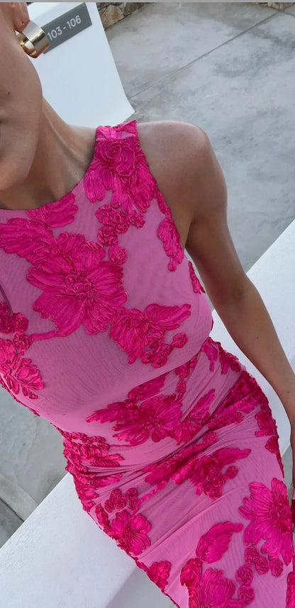 2024 New Elegant Women Sleeveless 3d Flowers Party Dress Embroidery Mesh Slim Hip Package Female Fshion Maxi Dresses Robe Beauty World Shop