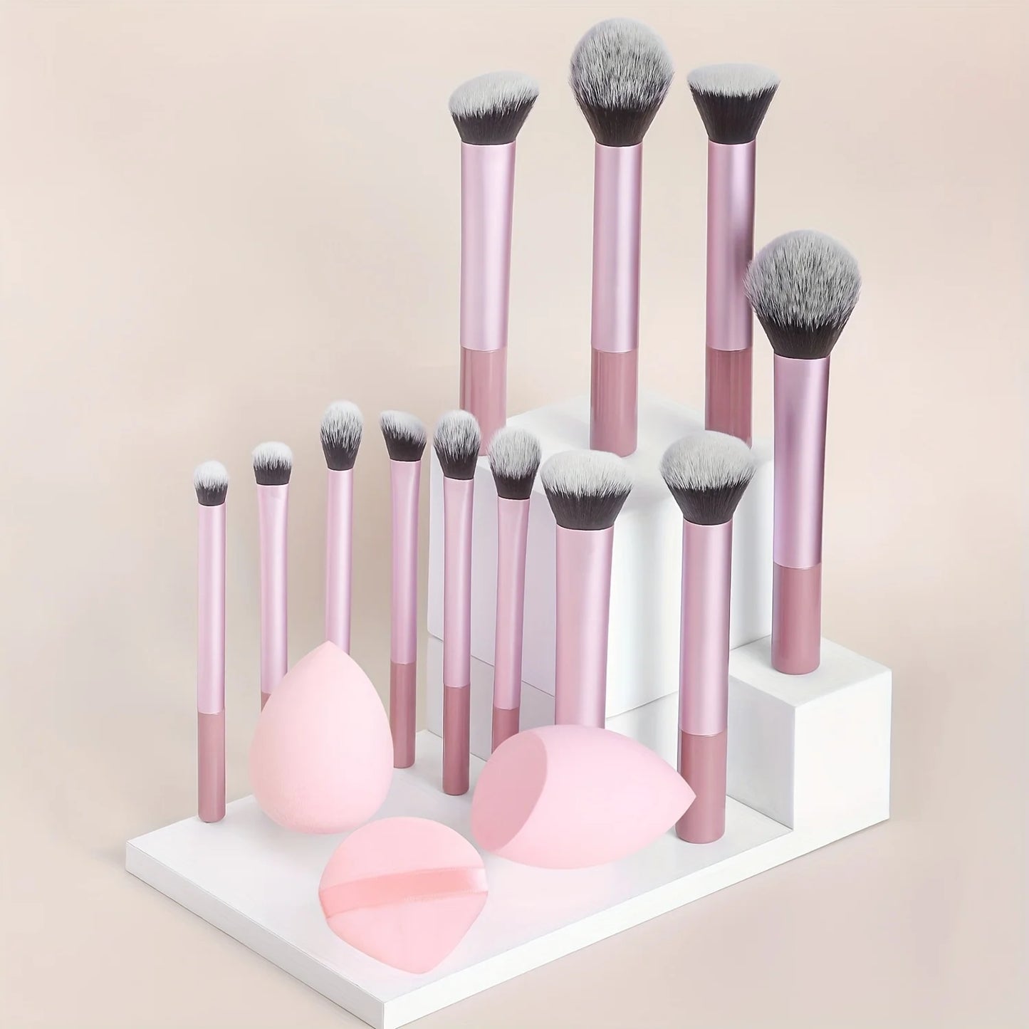 12-Piece Classic Full Makeup Brush Set with Angled and Teardrop Blenders, 1 Powder Puff - Professional Application Tools, Nylon Beauty World Shop