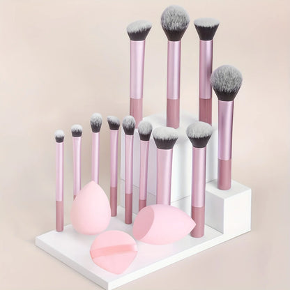 12-Piece Classic Full Makeup Brush Set with Angled and Teardrop Blenders, 1 Powder Puff - Professional Application Tools, Nylon Beauty World Shop