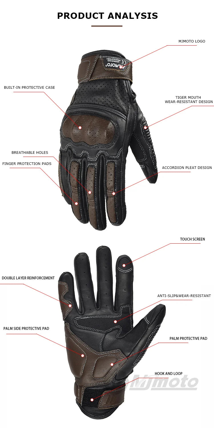 With CE Approved Summer Retro Perforated Leather Motorcycle Gloves Men Women Full Finger Motocross Dirt Biker Glove Guantes Moto Beauty World Shop