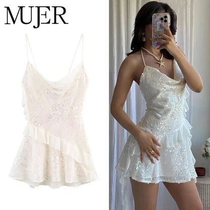 MUJER 2025 Sequin Mini Dress Woman Sexy Slip Party Dresses for Women Summer Backless Women's Dress Straps Beach Short Dresses Beauty World Shop