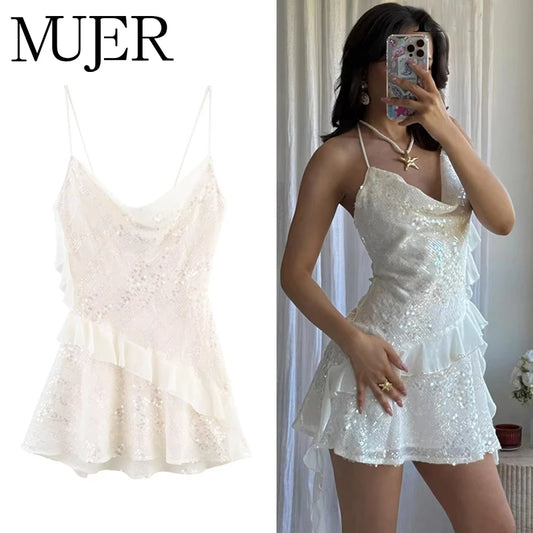 MUJER 2025 Sequin Mini Dress Woman Sexy Slip Party Dresses for Women Summer Backless Women's Dress Straps Beach Short Dresses Beauty World Shop