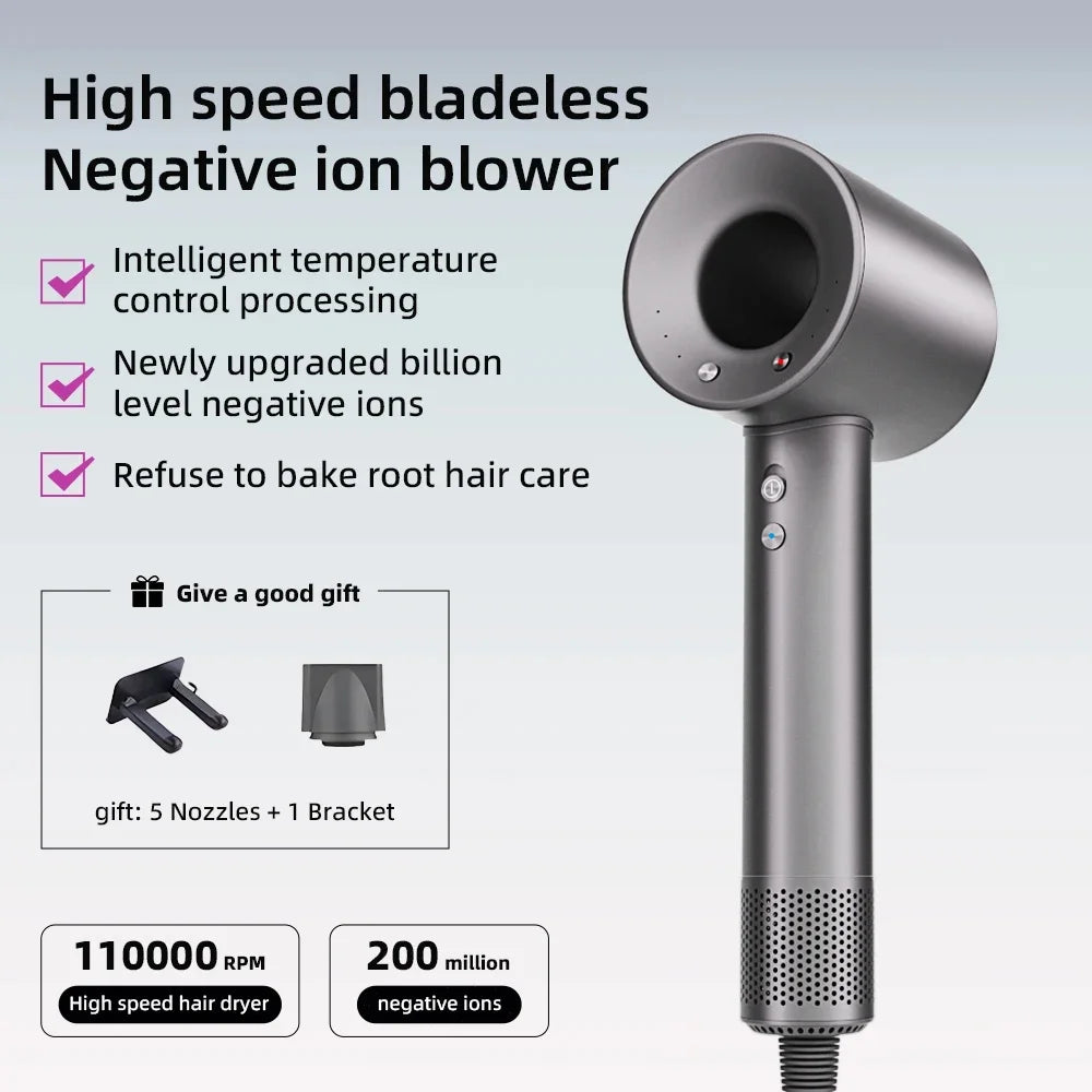 2025 Professional Leafless Hair Dryer Negative Ion Attachment Negative Ion Salon Tool Home Travel Portable Electric Hair Dryer Beauty World Shop