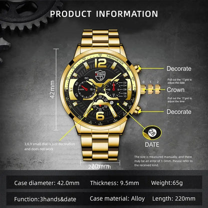5PCS Set DEYROS Fashion Mens Calendar Watches Men Business Stainless Steel Quartz Wristwatch Male Casual Necklace Bracelet Watch Beauty World Shop