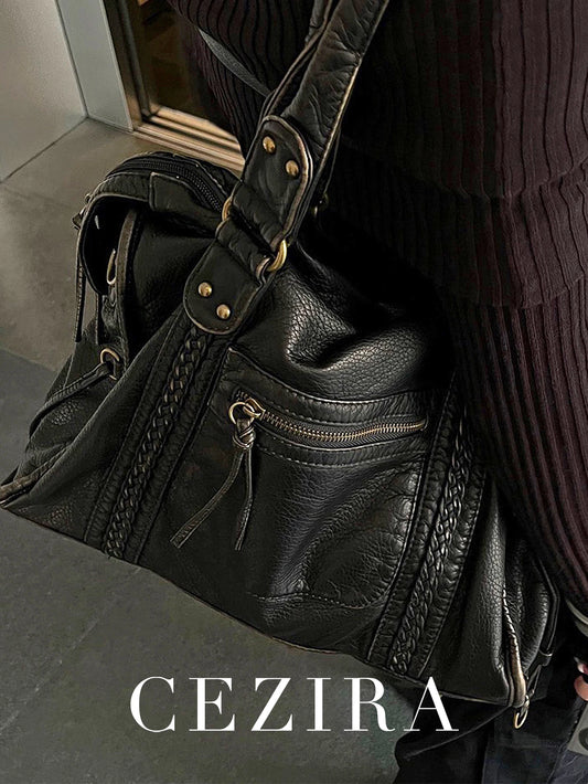Vintage Washed PU Leather Large Capacity Tote Zip Pockets Braid Decor Shoulder Cross body Bag Unisex Women Daily Travel Handbag Beauty World Shop