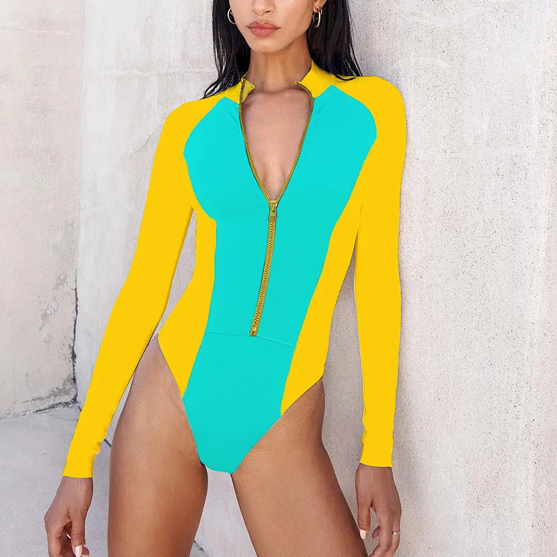 New Patchwork One-Piece Swimsuit Long Sleeve Swimwear Sports Backless Women's Swimming Bathing Suit Beach Wear Bather Surfing Beauty World Shop