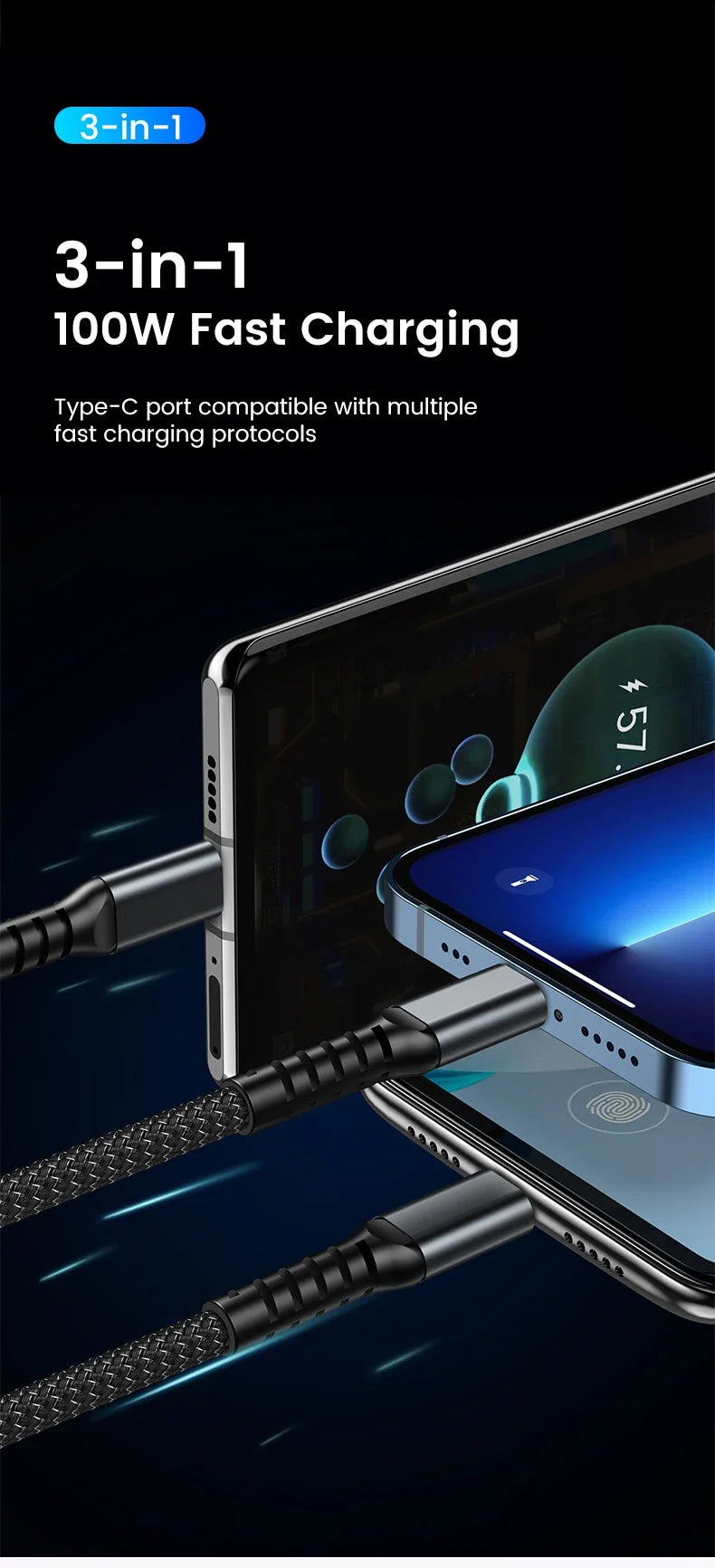 3-in-1 USB 100W 6A Fast Charger Cable Car USB To Type-C Micro LIGHTNING Cable For iPhone 16 15 14 13 Samsung Xiaomi Huawei Beauty World Shop