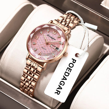 POEDAGAR Top Elegant Women's Watches Stainless Steel Date Week Woman Watch Waterproof Luminous Fashion Ladies Watch Quartz Reloj Beauty World Shop