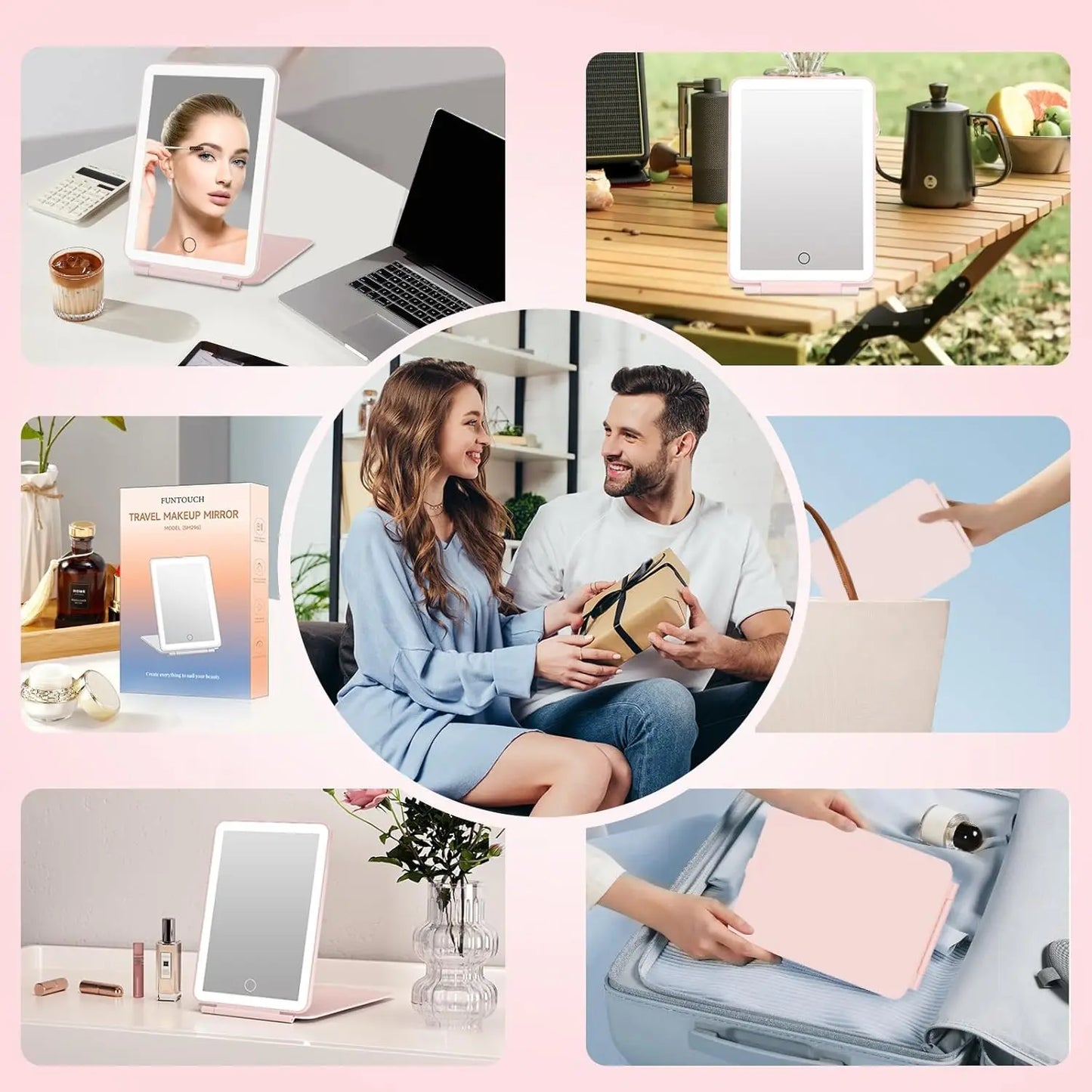 LED Folding Travel Makeup Mirror 3 Colors Light Modes USB Rechargeable Touch Screen Portable Tabletop Cosmetic Mirror Beauty World Shop