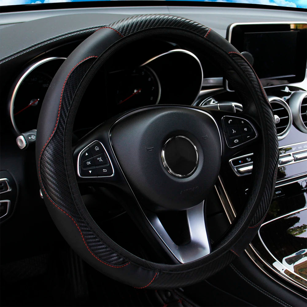 PU Carbon Fiber Leather Car Steering Wheel Cover without Inner Ring Suitable for 14.5-15 Inches of Automotive Supplies Beauty World Shop