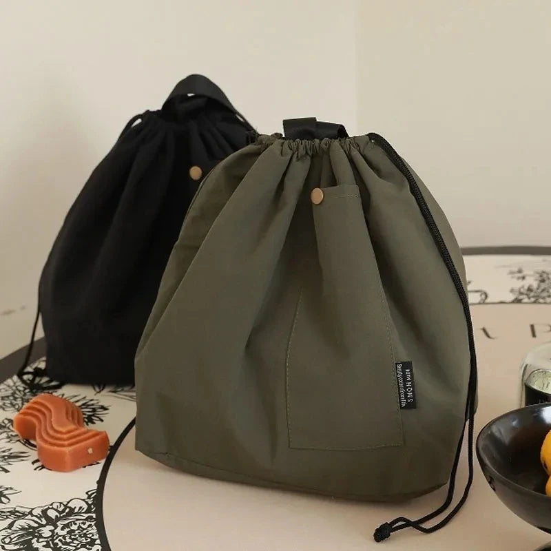Japanese Korean Lunch Bag Cotton Canvas Large Solid Color Drawstring Portable Thermal Insulated Picnic Storage Bento Box Bag Beauty World Shop