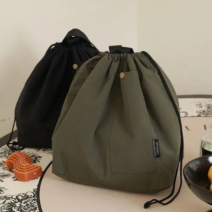 Japanese Korean Lunch Bag Cotton Canvas Large Solid Color Drawstring Portable Thermal Insulated Picnic Storage Bento Box Bag Beauty World Shop