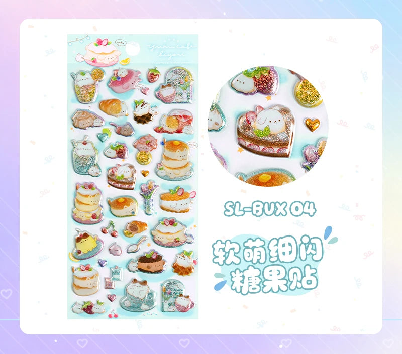 3 pcs/6 pcs Sweet Candy Pets Cat Coffee Cakes Flash Puffy 3D Stickers Scrapbooking Diy Diary Stationery Stickers School Supplies Beauty World Shop