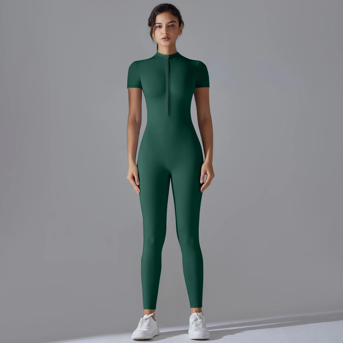 Naked zipper short sleeved yoga suit jumpsuit, quick drying breathable outdoor sports tight fitting jumpsuit, fitness suit Beauty World Shop