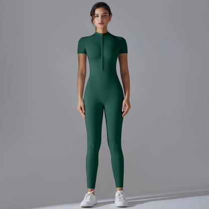 Naked zipper short sleeved yoga suit jumpsuit, quick drying breathable outdoor sports tight fitting jumpsuit, fitness suit Beauty World Shop