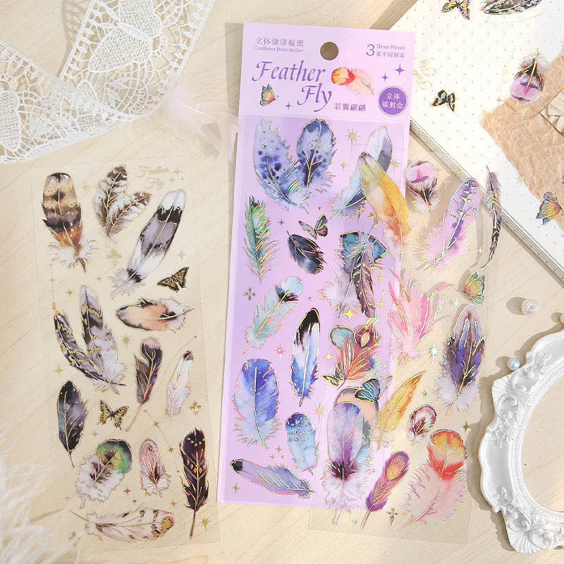 3pcs Kawaii Feather Dragonfly Bird Jellyfish Decorative Stickers Pack Scrapbooking Material Label Diary Phone Journal Planner Beauty World Shop
