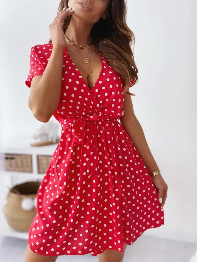 Summer Women's Polka Dot Printed Short Sleeved Casual Dress Fashionable V-neck Belt Commuting Dress Holiday Party Women's Dress Beauty World Shop