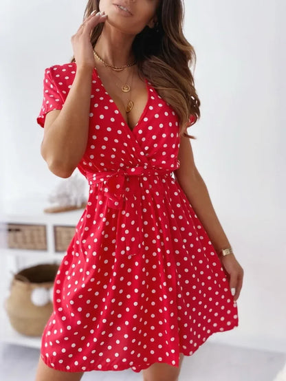 Summer Women's Polka Dot Printed Short Sleeved Casual Dress Fashionable V-neck Belt Commuting Dress Holiday Party Women's Dress Beauty World Shop