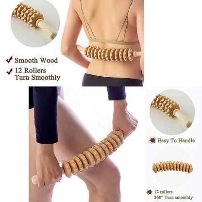Body Fascia Massager Anti-slip Handle Wood Grooved Gear Arms Legs Thighs Buttocks Smooth Roller Massager for Back Relaxation Beauty World Shop