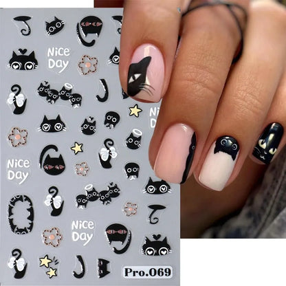 2pcs Black Cat Nail Stickers 3D Cute Cartoon Animal 3D Self-Adhesive Nail Art Decals Sliders Decorations Manicure Accessories Beauty World Shop