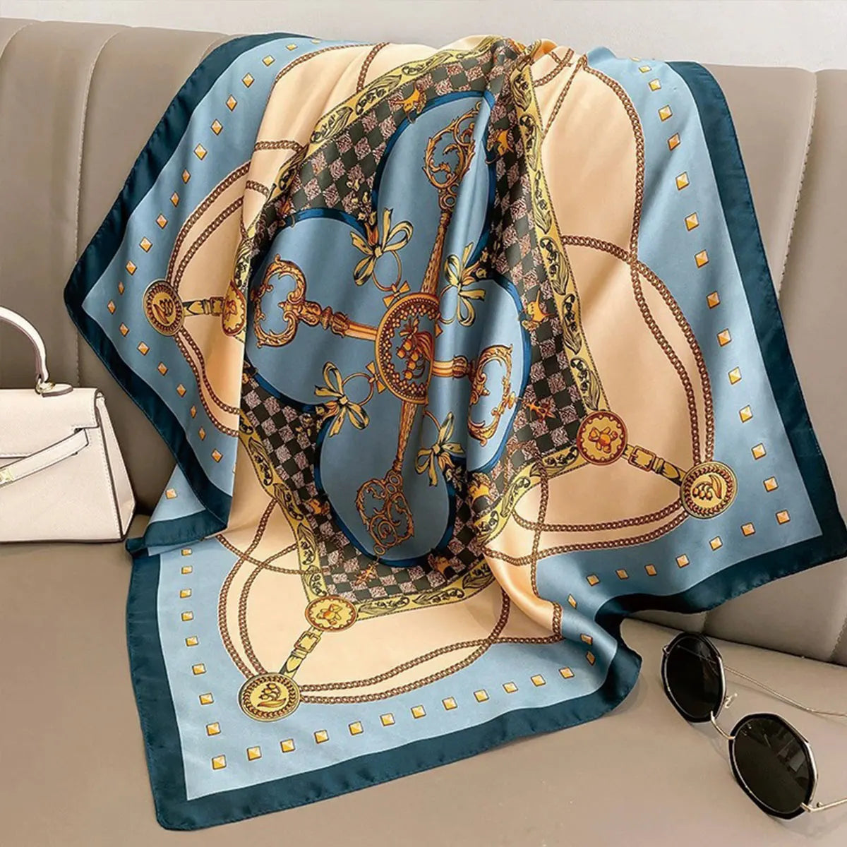 70x70cm Fashionable Korean Style Silk Square Scarf Satin Print Hairband Necktie Hair Accessory Headscarf Versatile Wrap Scarf Beauty World Shop