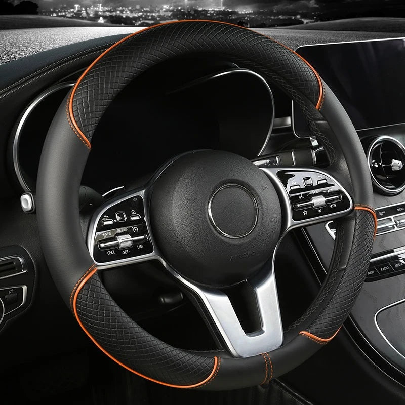 All Seasons Leather Diamond Steering Wheel Cover Universal Fit for 14 .5-15 Inch Durable Leather Cover Anti-Slip Veins Design Beauty World Shop